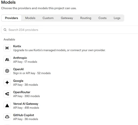Kortix project Models screen: the Providers list, where Anthropic, OpenAI, Google, OpenRouter, Vercel AI Gateway and GitHub Copilot are each connected with your own API key.